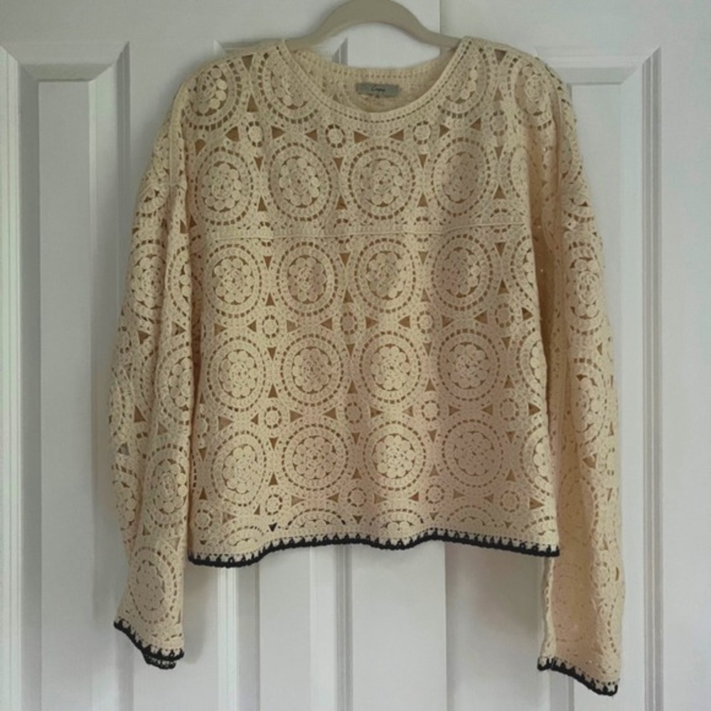 Cream Black Trim Crochet Knit Medallion Bohemian Coastal Sweater Top Size XL